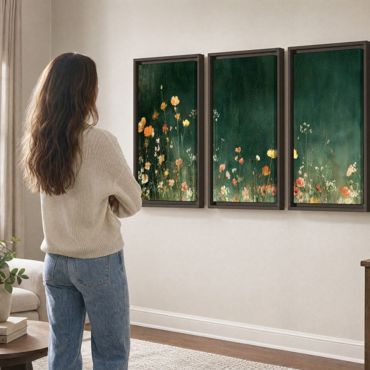 Dark green wildflower painting 3 piece framed canvas in a living room