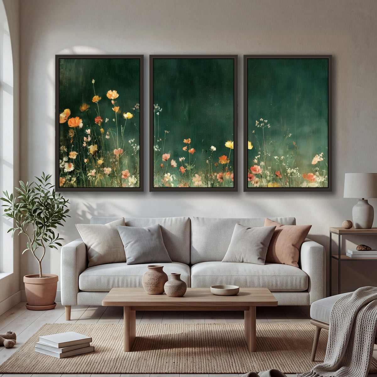 Dark green wildflower painting 3 piece framed canvas in a bright living room