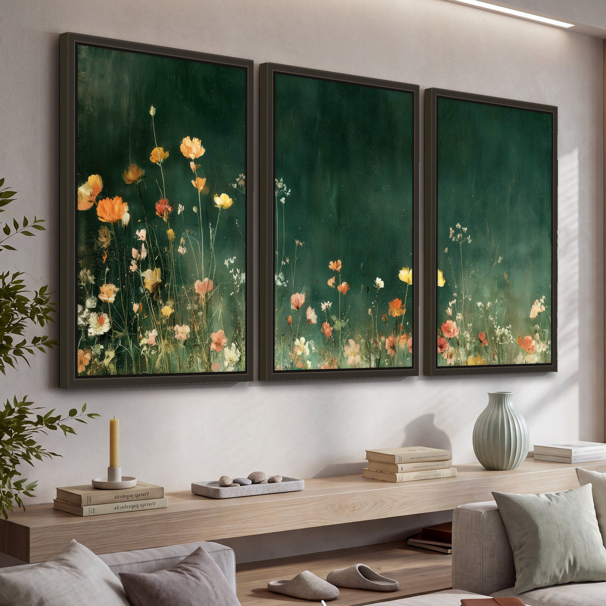 Dark green wildflower painting 3 piece framed canvas in a living room above a console