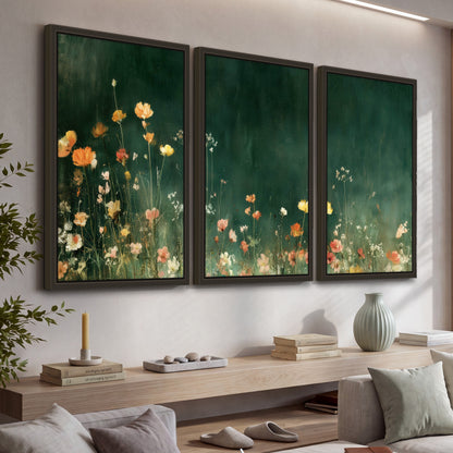 Dark green wildflower painting 3 piece framed canvas in a living room above a console