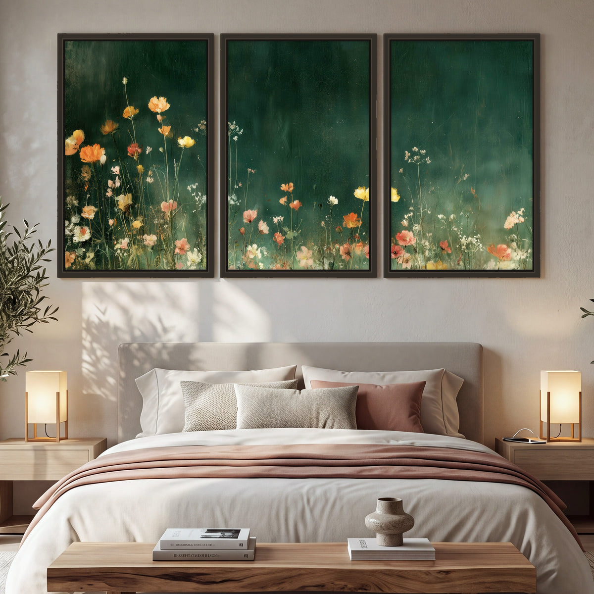Dark green wildflower painting 3 piece framed canvas in a bedroom above the bed