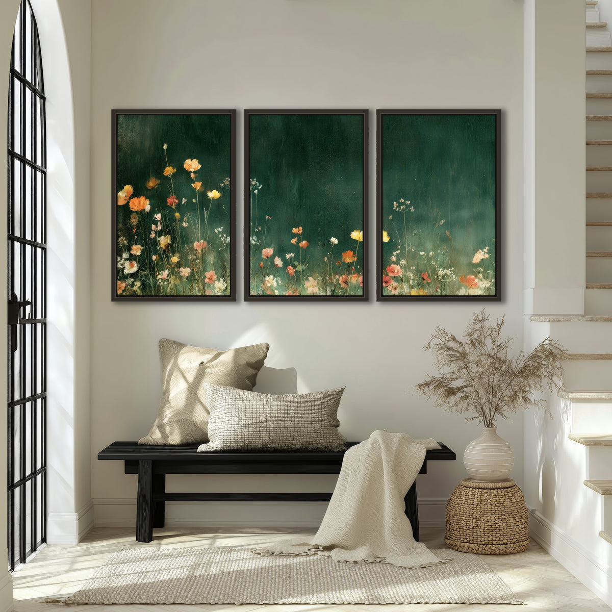Dark green wildflower painting 3 piece framed canvas in an entryway above a bench