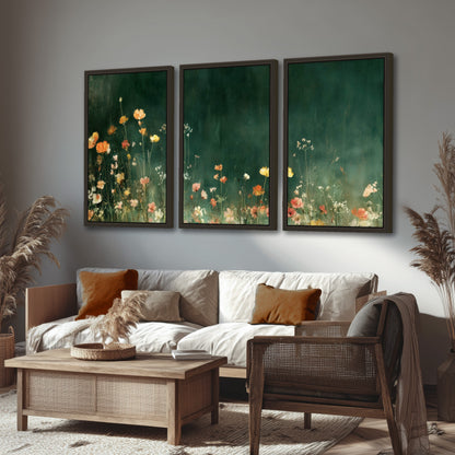 Dark green wildflower painting 3 piece framed canvas in a rustic living room