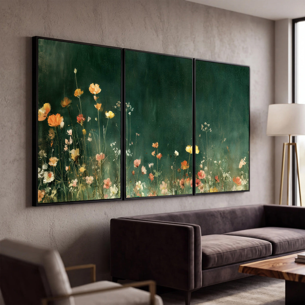 Dark green wildflower painting 3 piece framed canvas in a modern living room