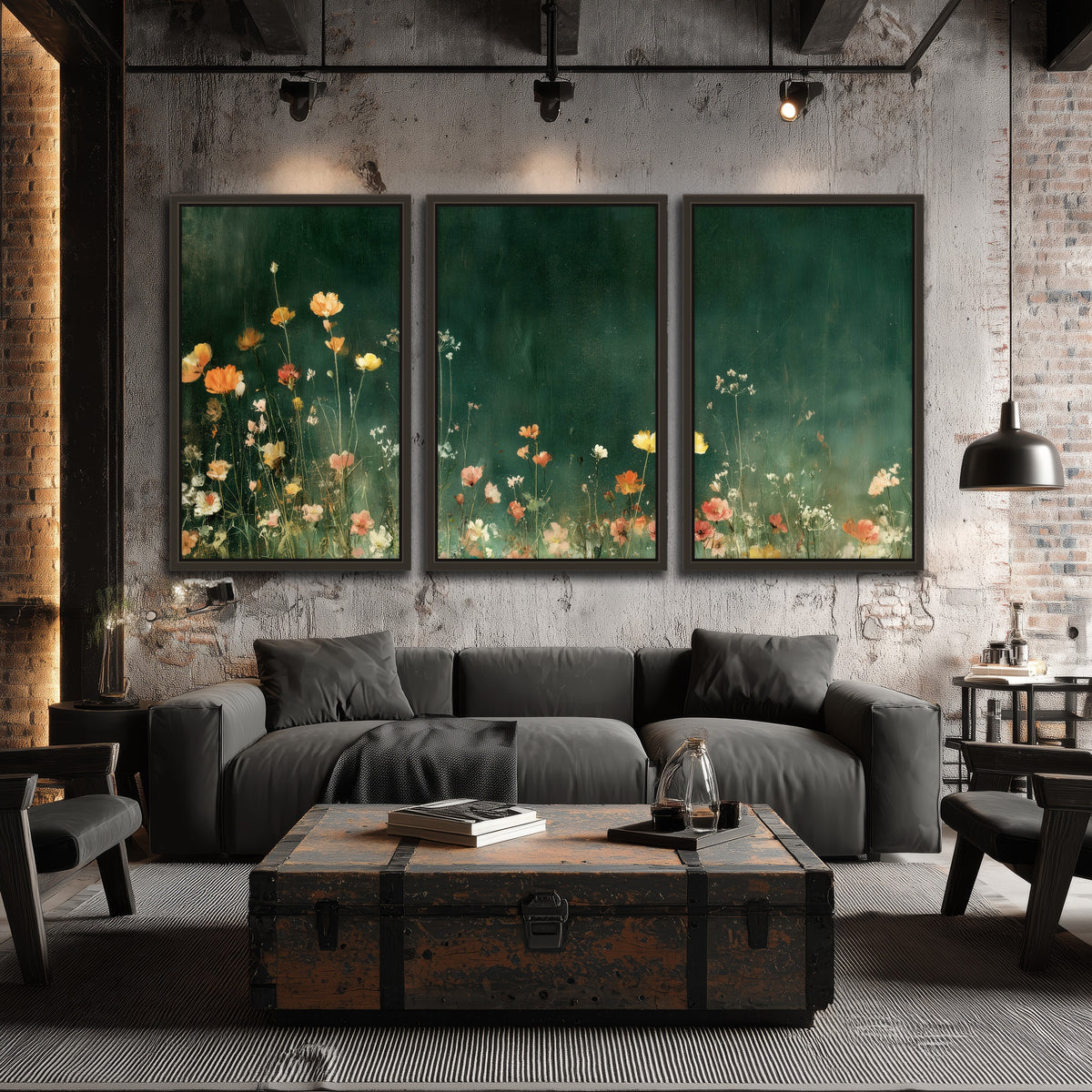 Dark green wildflower painting 3 piece framed canvas in an industrial loft