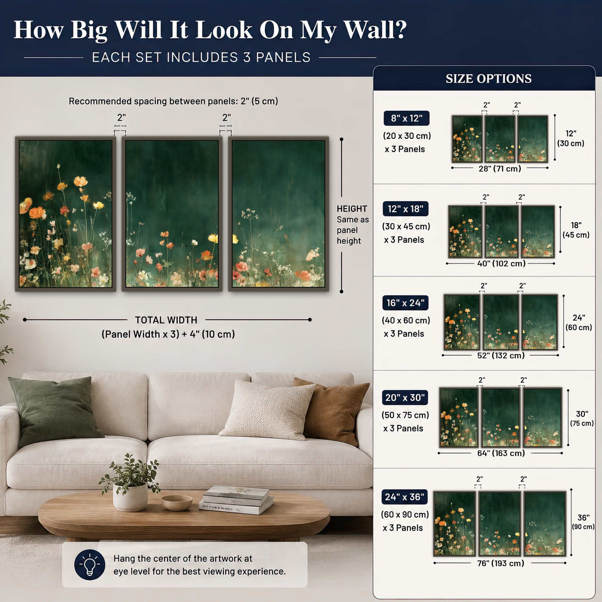 Dark green wildflower painting 3 piece framed canvas size guide above a sofa