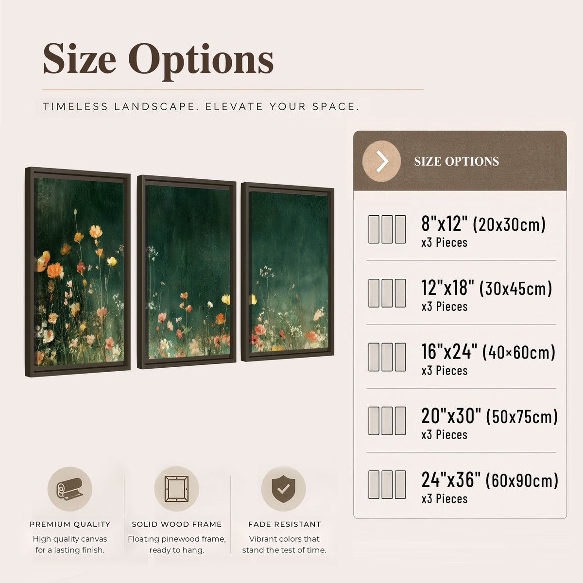 Dark green wildflower painting 3 piece framed canvas size options
