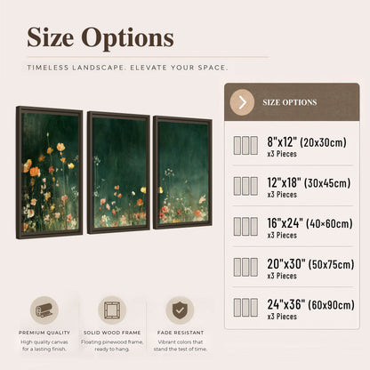 Dark green wildflower painting 3 piece framed canvas size options