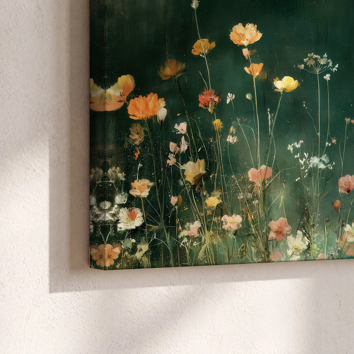 Dark green wildflower painting canvas print close-up showing the gallery-wrapped edge