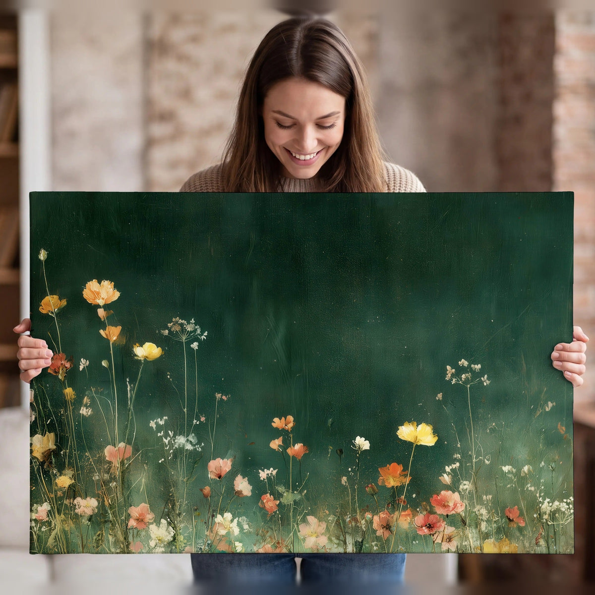 Dark green wildflower painting canvas wall art held in hands