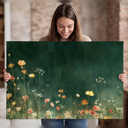 Dark green wildflower painting canvas wall art held in hands