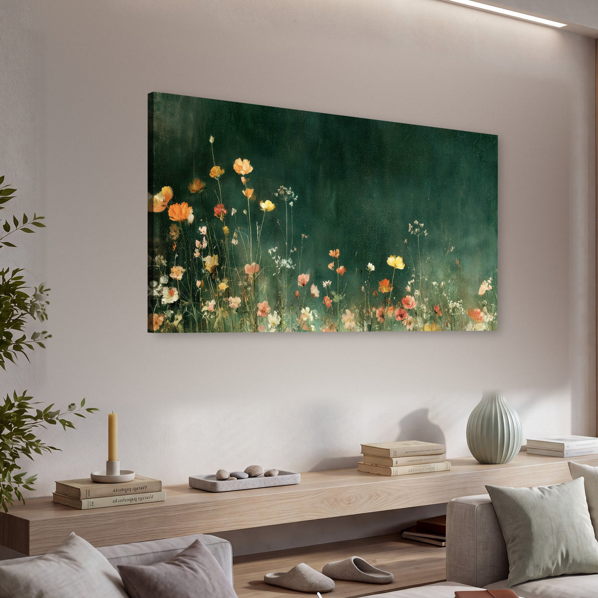 Dark green wildflower painting canvas wall art in a living room above a console