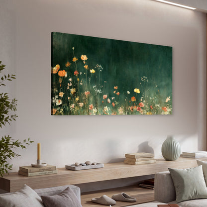 Dark green wildflower painting canvas wall art in a living room above a console