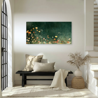 Dark green wildflower painting canvas wall art in an entryway above a bench