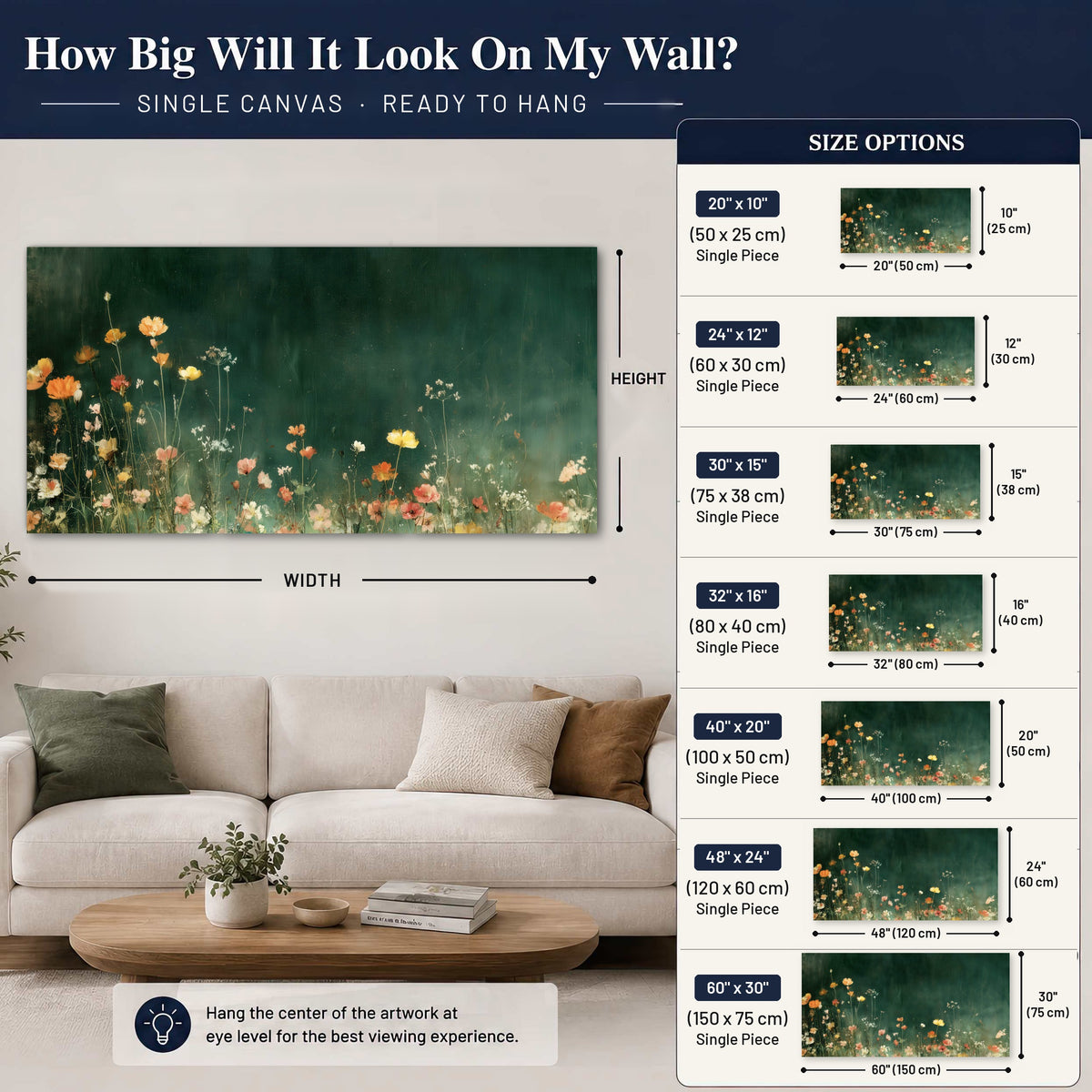 Dark green wildflower painting canvas wall art size guide above a sofa