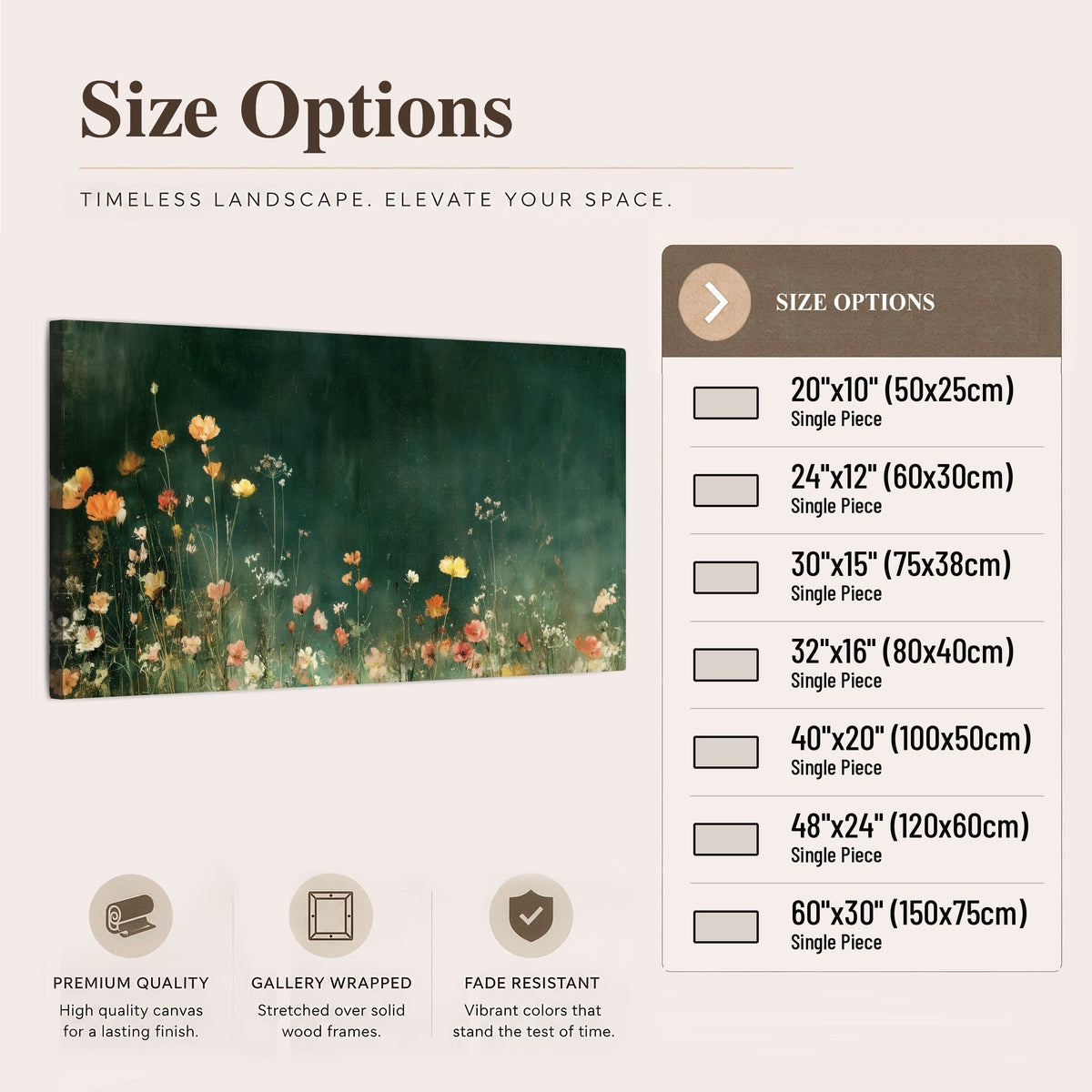 Dark green wildflower painting canvas wall art size options