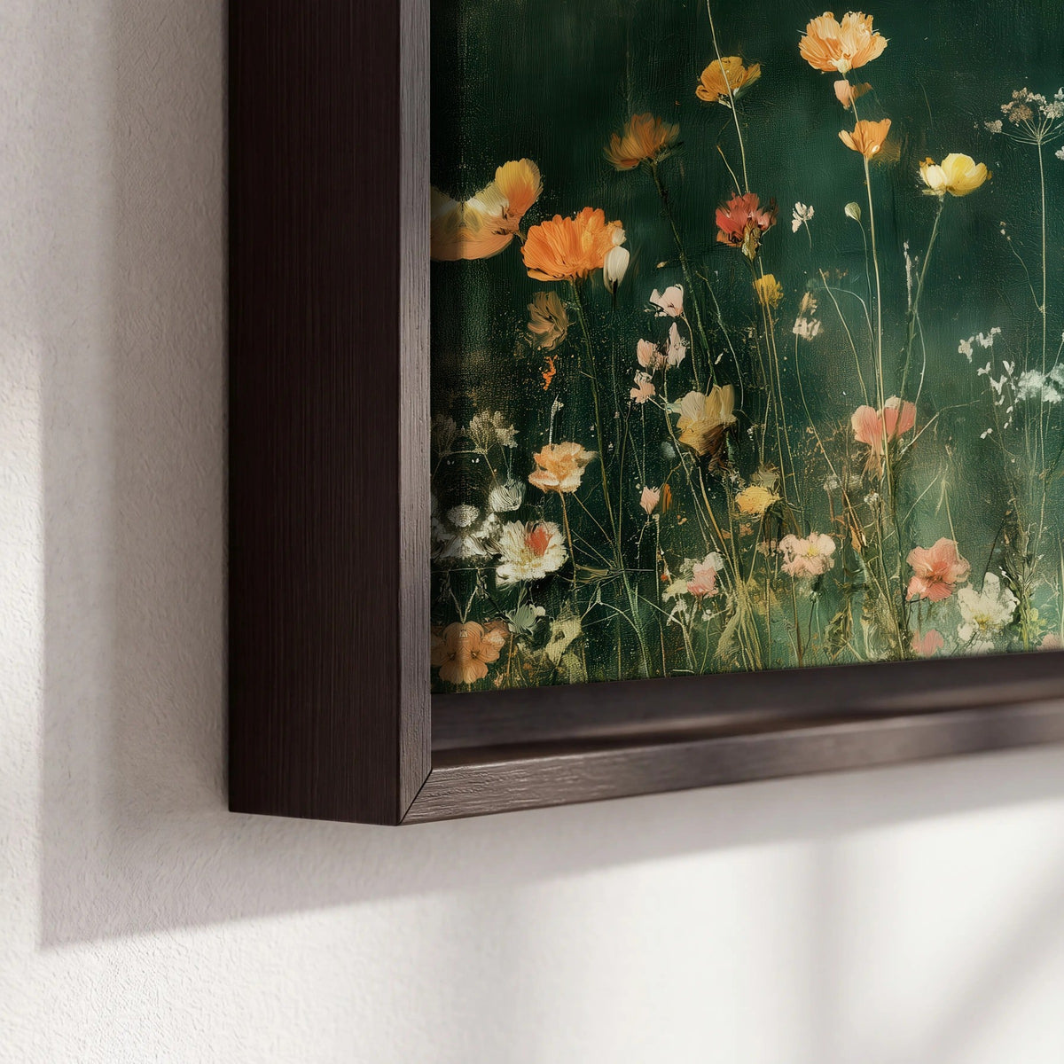 Dark green wildflower painting framed canvas close-up showing the floating frame