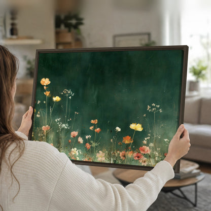 Dark green wildflower painting framed canvas held in hands