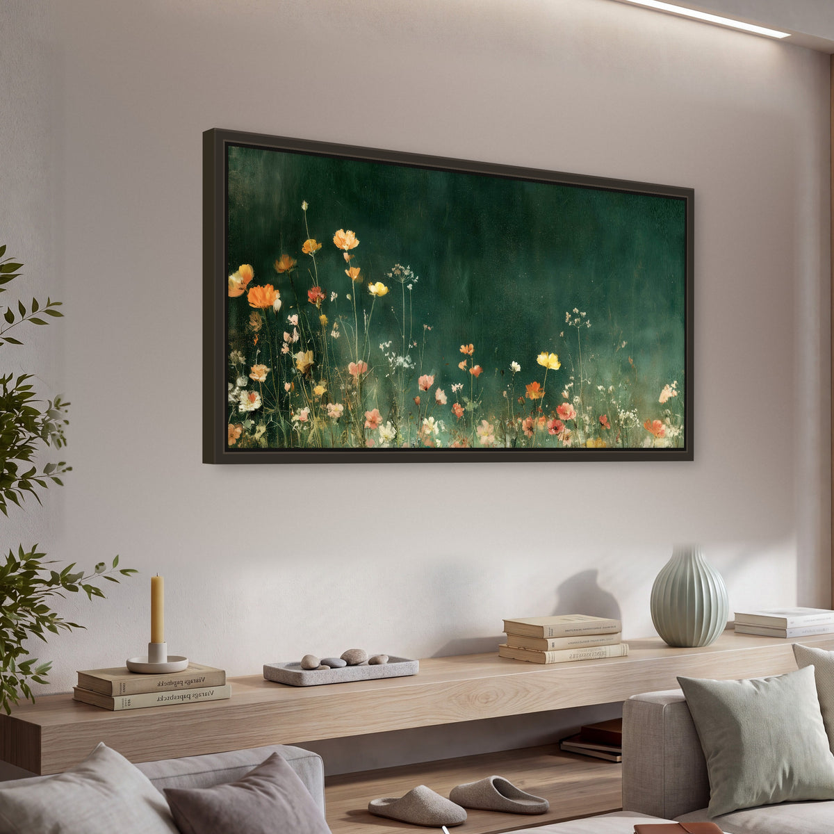 Dark green wildflower painting framed canvas wall art in a living room above a console