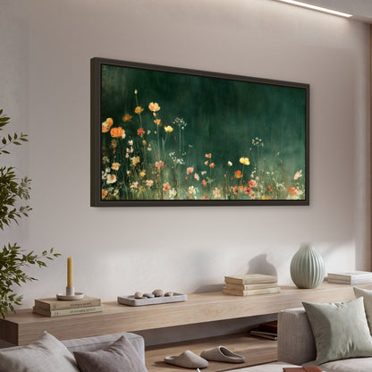 Dark green wildflower painting framed canvas wall art in a living room above a console