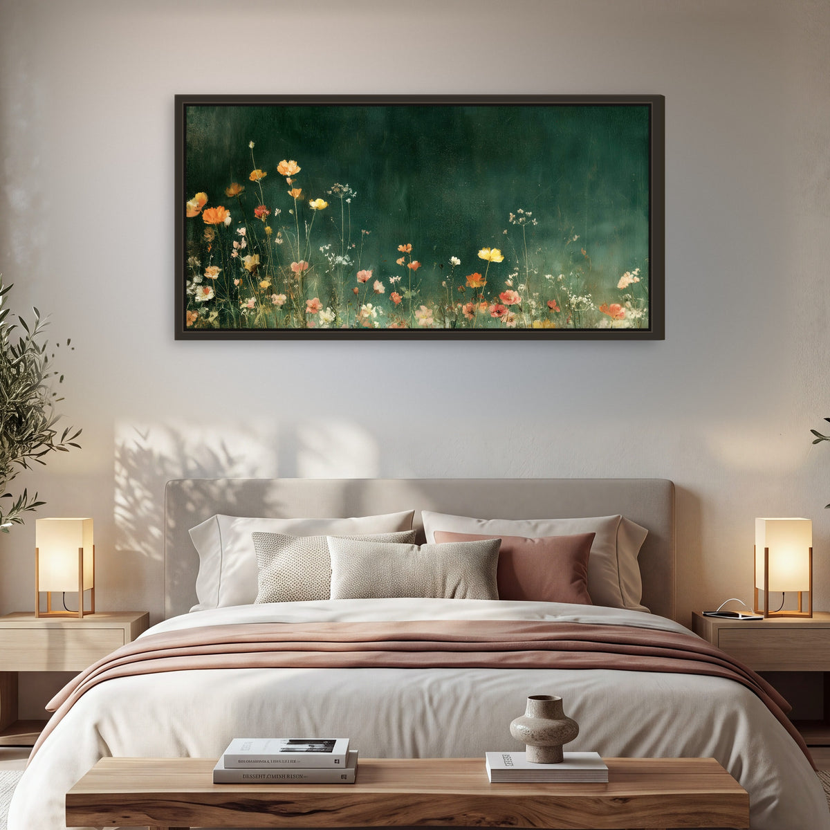 Dark green wildflower painting framed canvas wall art in a bedroom above the bed