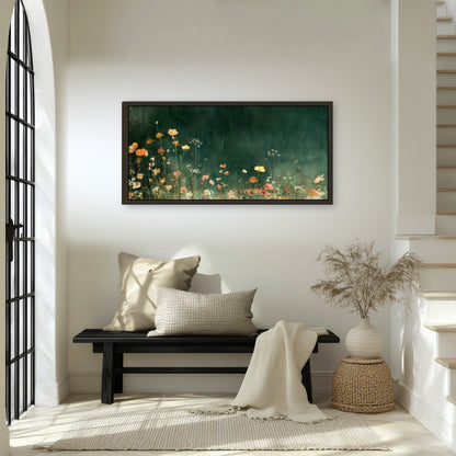 Dark green wildflower painting framed canvas wall art in an entryway above a bench