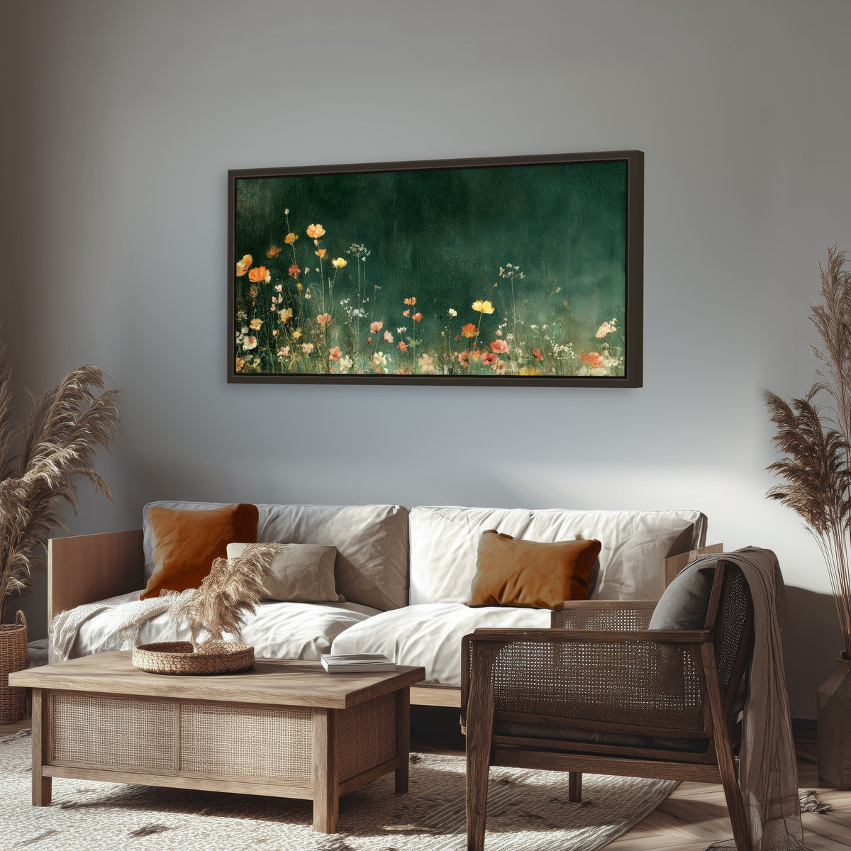 Dark green wildflower painting framed canvas wall art in a rustic living room