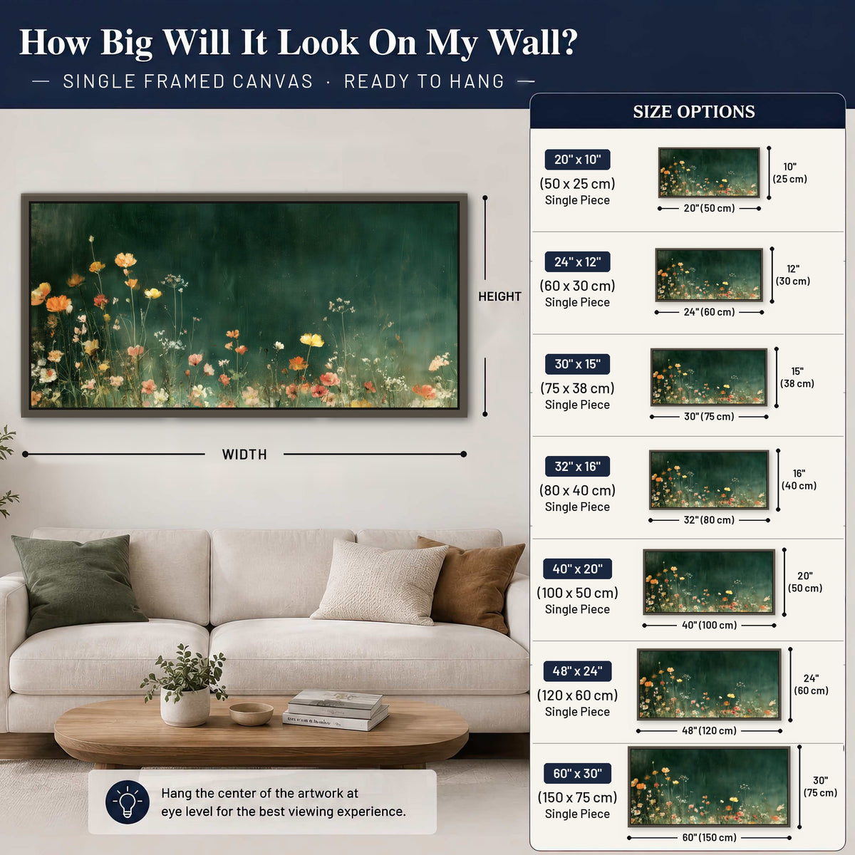 Dark green wildflower painting framed canvas wall art size guide above a sofa