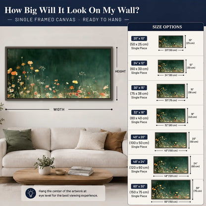 Dark green wildflower painting framed canvas wall art size guide above a sofa