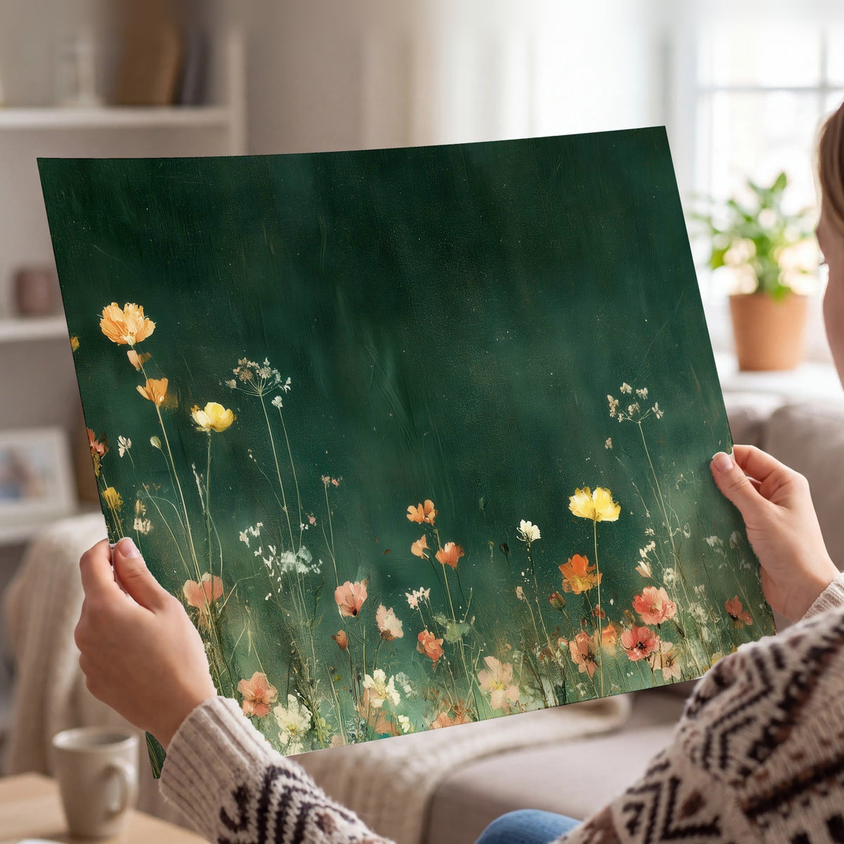 Dark green wildflower painting poster print held in hands