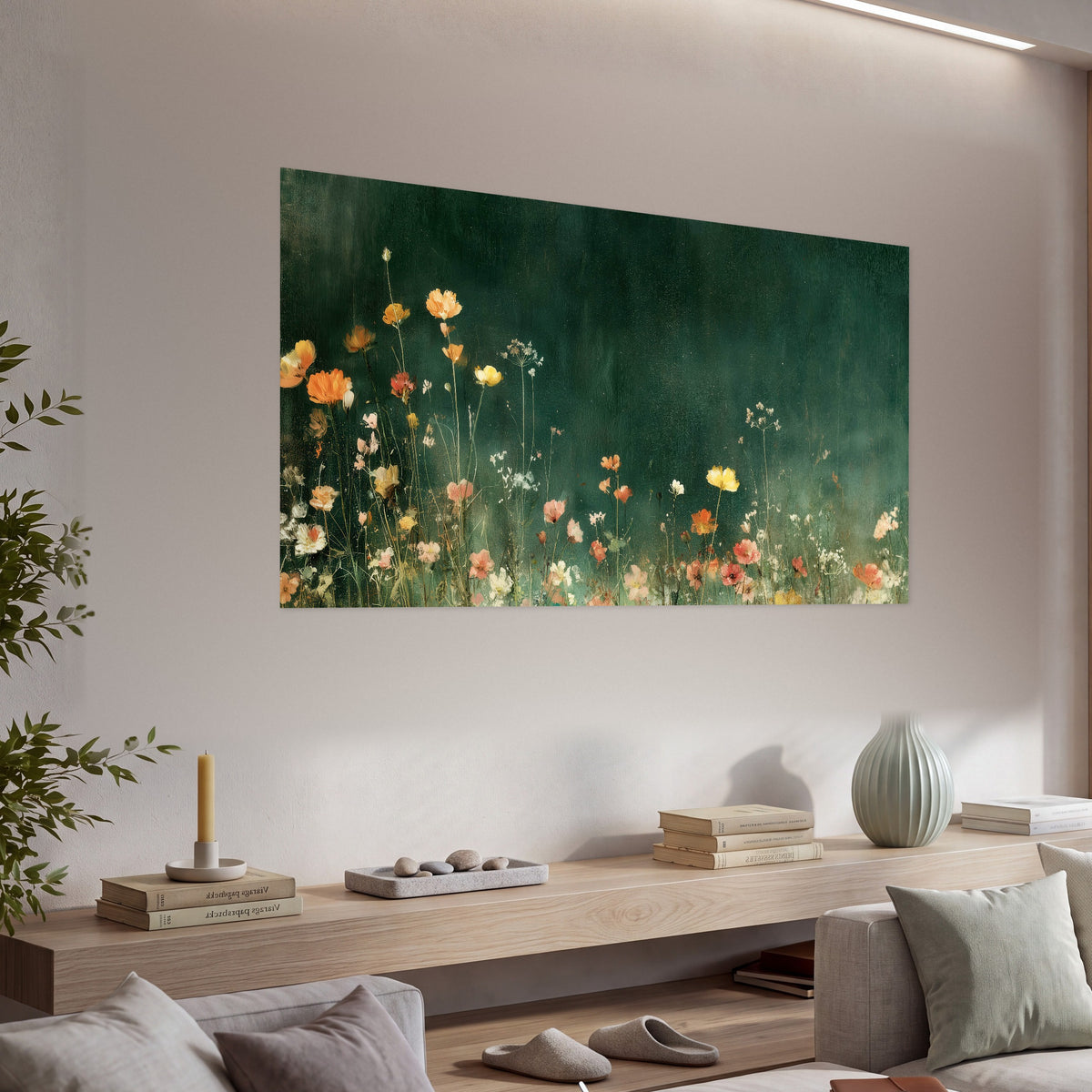 Dark green wildflower painting poster print in a living room above a console