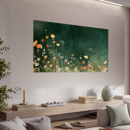Dark green wildflower painting poster print in a living room above a console