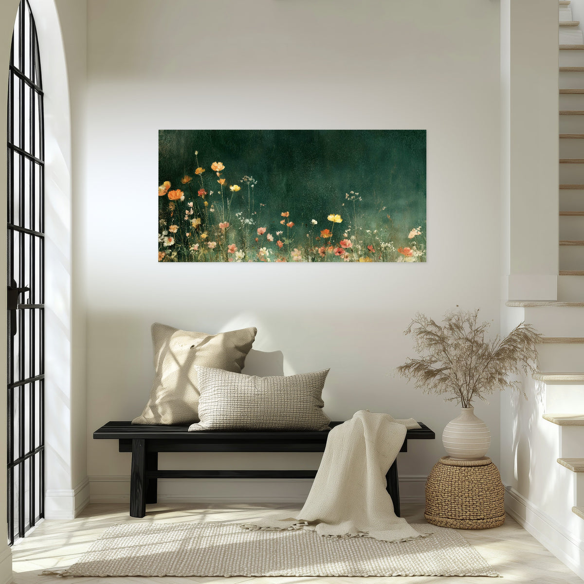 Dark green wildflower painting poster print in an entryway above a bench