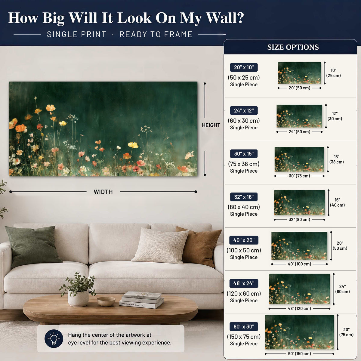 Dark green wildflower painting poster print size guide above a sofa