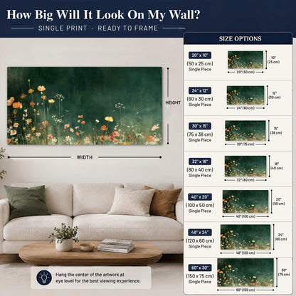 Dark green wildflower painting poster print size guide above a sofa