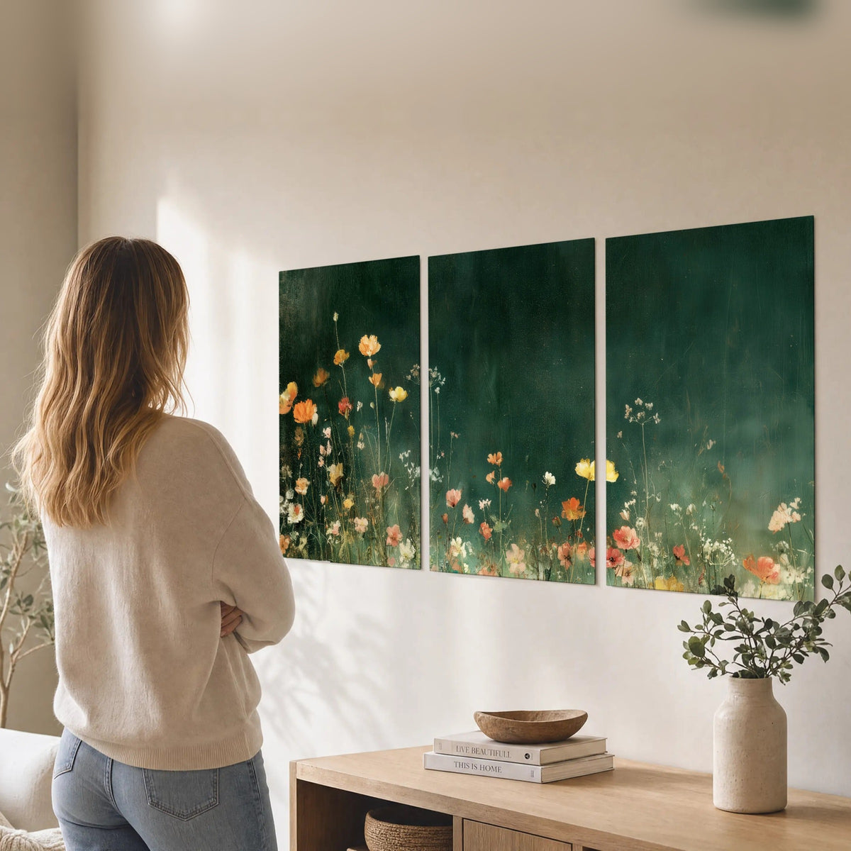 Dark green wildflower painting set of 3 poster prints in a living room