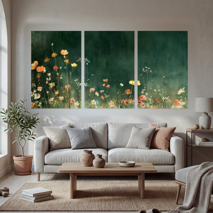 Dark green wildflower painting set of 3 poster prints in a bright living room