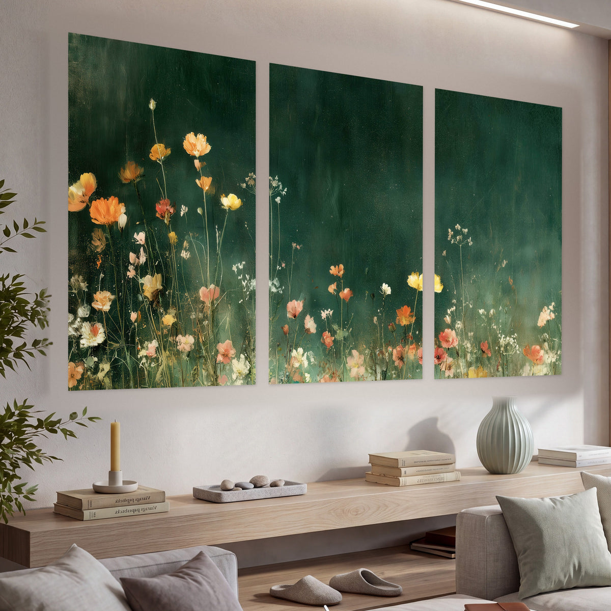 Dark green wildflower painting set of 3 poster prints in a living room above a console
