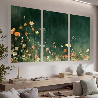 Dark green wildflower painting set of 3 poster prints in a living room above a console