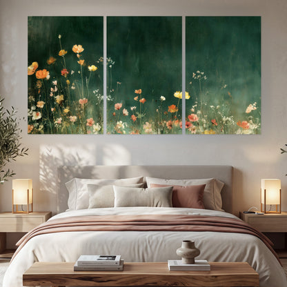 Dark green wildflower painting set of 3 poster prints in a bedroom above the bed