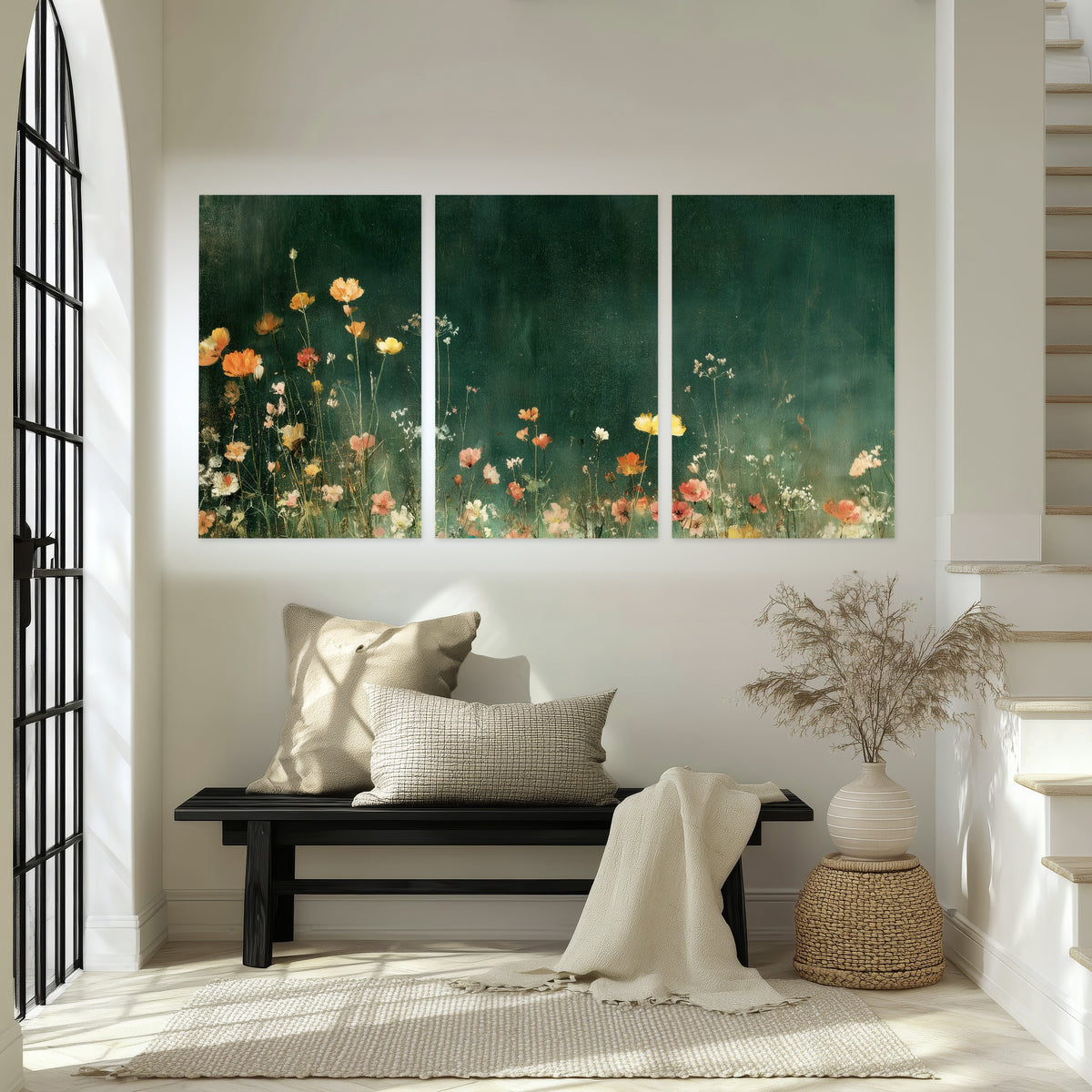 Dark green wildflower painting set of 3 poster prints in an entryway above a bench