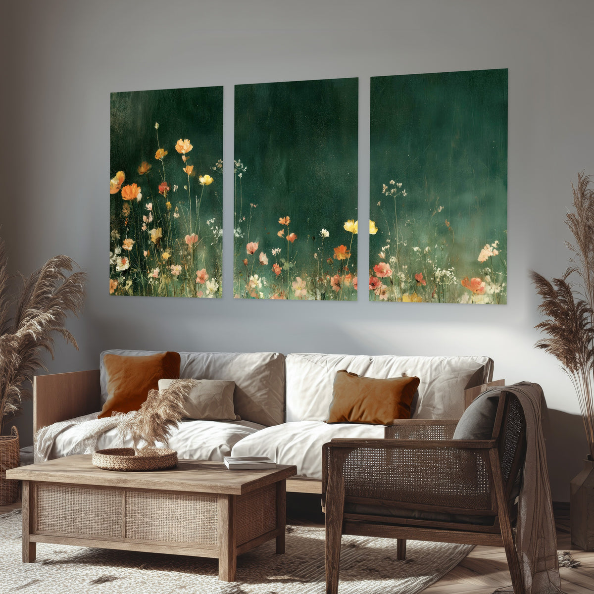 Dark green wildflower painting set of 3 poster prints in a rustic living room
