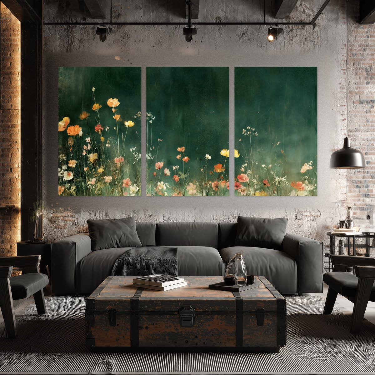 Dark green wildflower painting set of 3 poster prints in an industrial loft