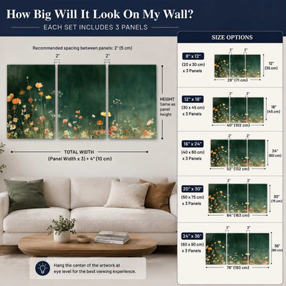 Dark green wildflower painting set of 3 poster prints size guide above a sofa