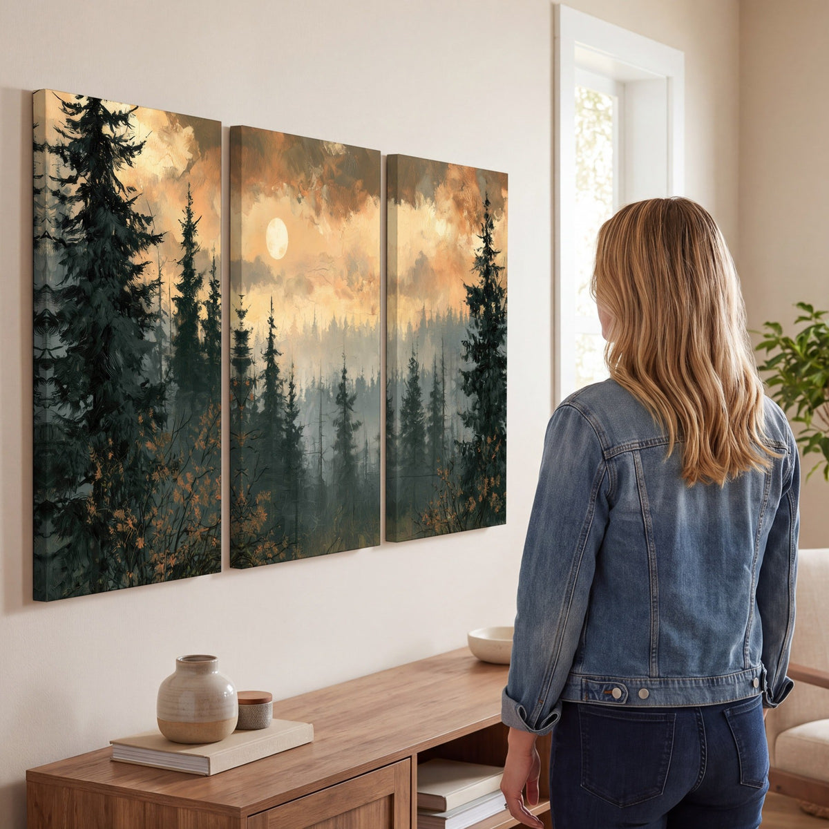Misty pine forest painting 3 piece canvas wall art in a living room