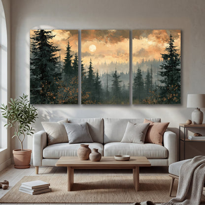 Misty pine forest painting 3 piece canvas wall art in a bright living room