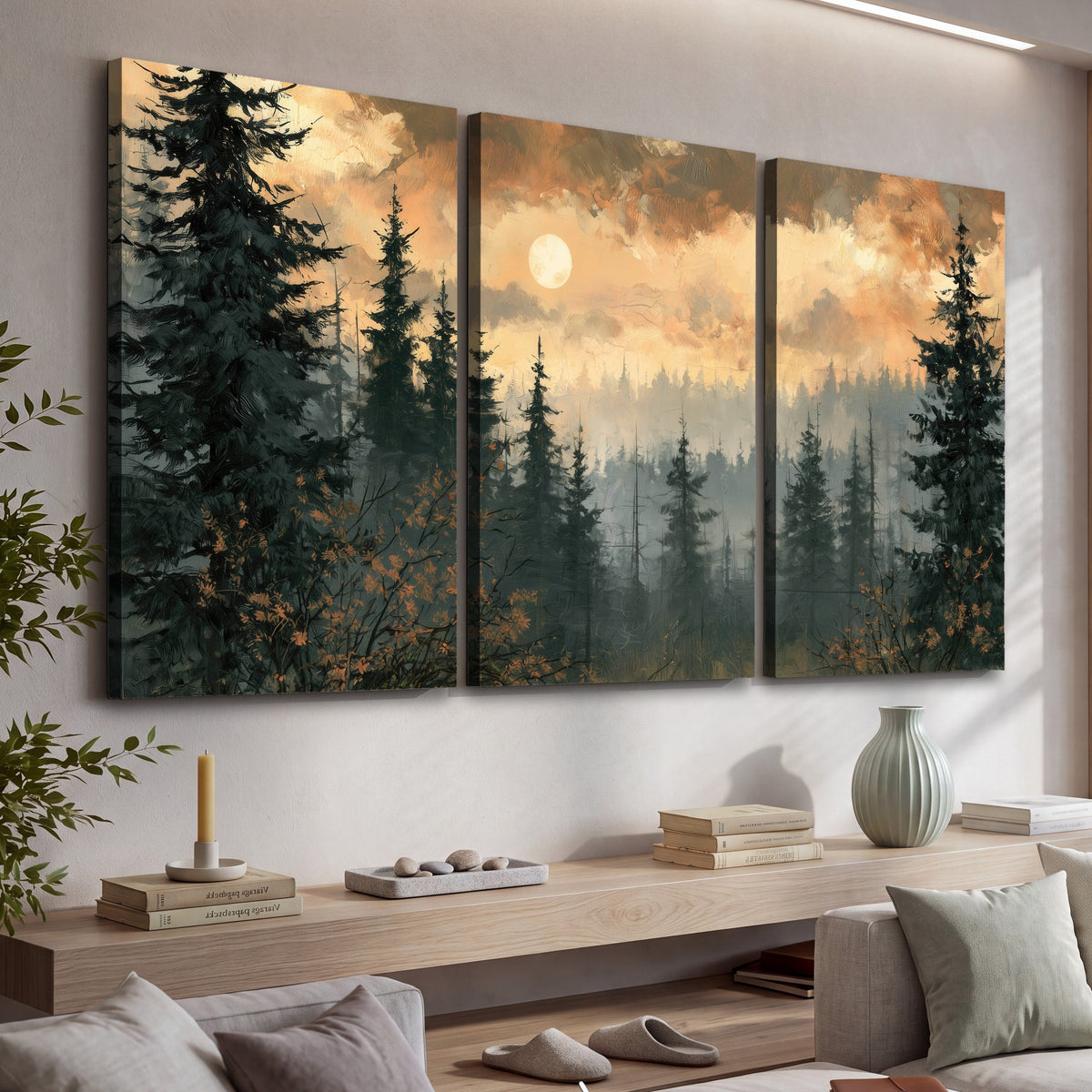 Misty pine forest painting 3 piece canvas wall art in a living room above a console