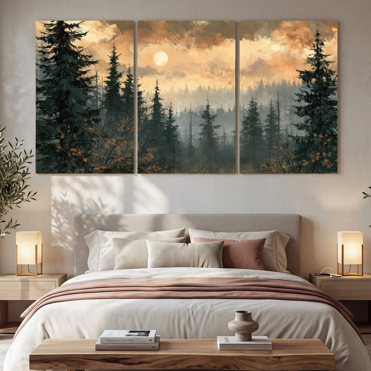 Misty pine forest painting 3 piece canvas wall art in a bedroom above the bed