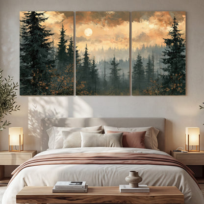 Misty pine forest painting 3 piece canvas wall art in a bedroom above the bed