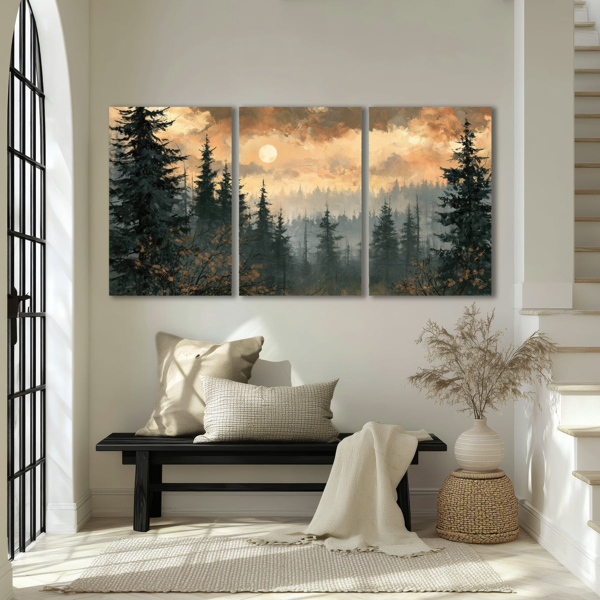 Misty pine forest painting 3 piece canvas wall art in an entryway above a bench